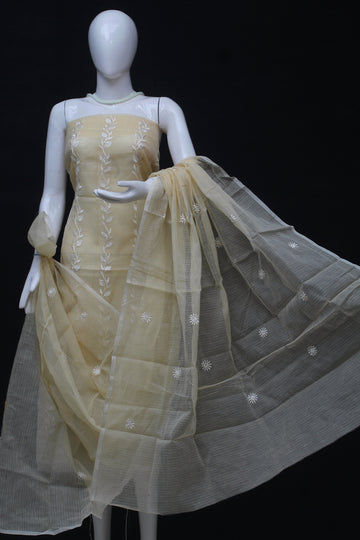 Beige Kota Doria Cotton Embroidery Work Dress Material With Bottom
