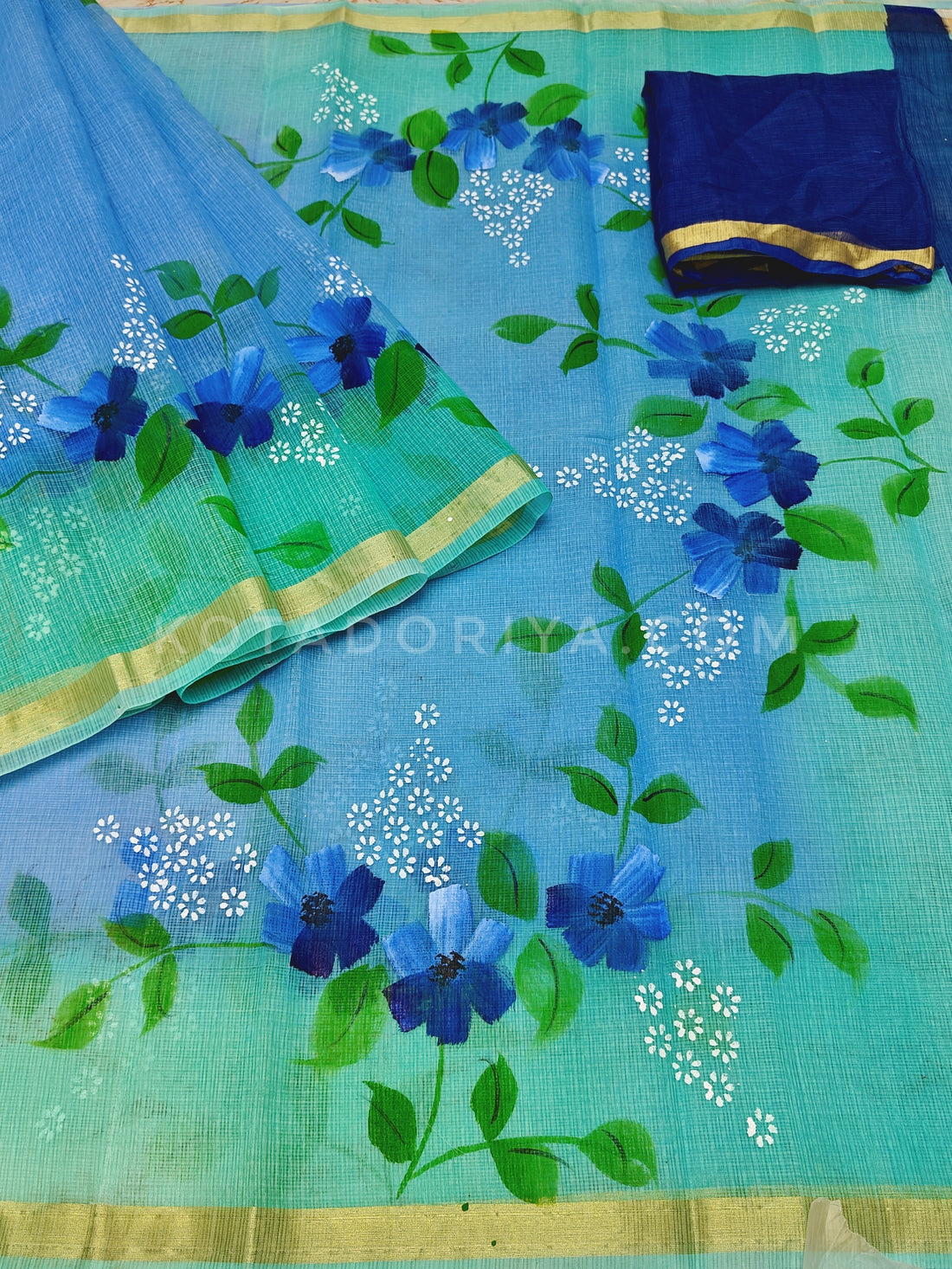 SkyBlue Cotton Kota Doria Hand Painted Saree With Contrast Blouse