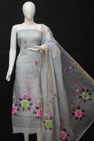 Gray Kota Doria Cotton Hand Pented Dress Material With Bottom.