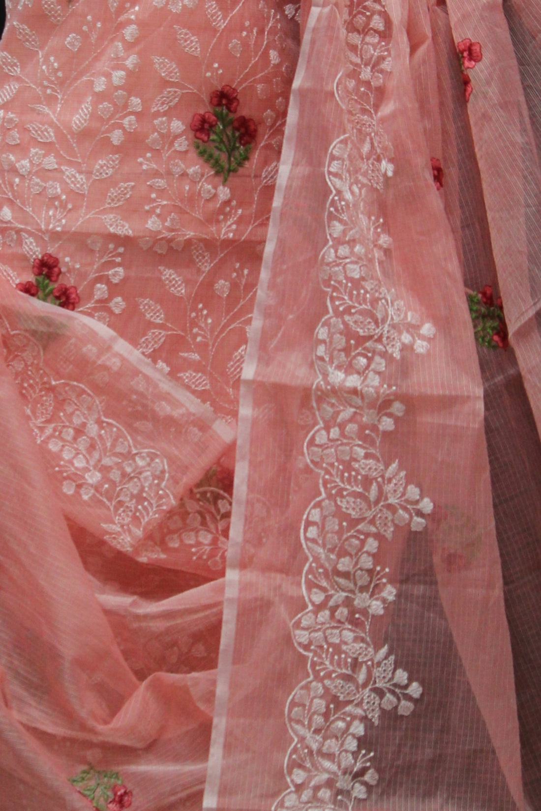 Peach Kota Doria Cotton Embroidery Work Dress Material With Bottom