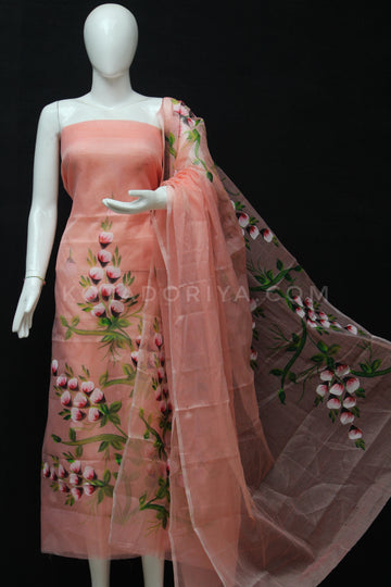Peach Kota Doria Cotton Hand Pented Dress Material With Bottom.