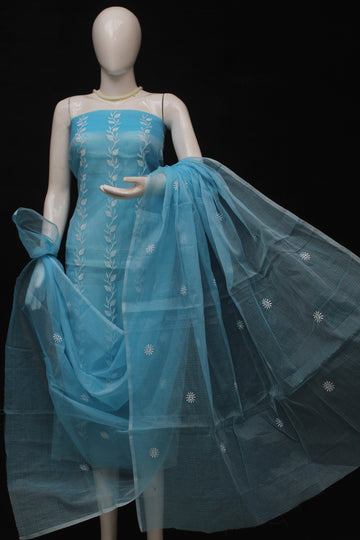 Skyblue Kota Doria Cotton Embroidery Work Dress Material With Bottom