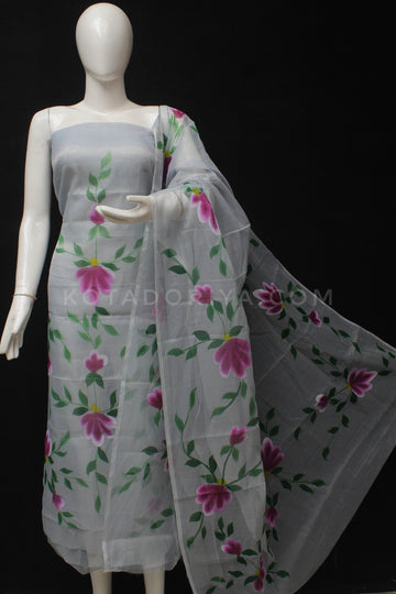 Gray Kota Doria Cotton Hand Pented Dress Material With Bottom.