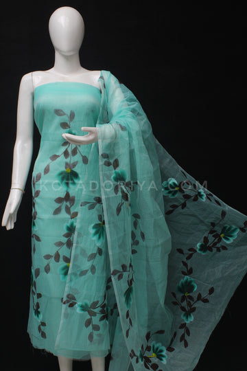 Sea-Green Kota Doria Cotton Hand Pented Dress Material With Bottom.