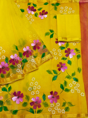 Yellow Cotton Kota Doria Hand Painted Saree With Beige Border & Contrast Blouse Piece.