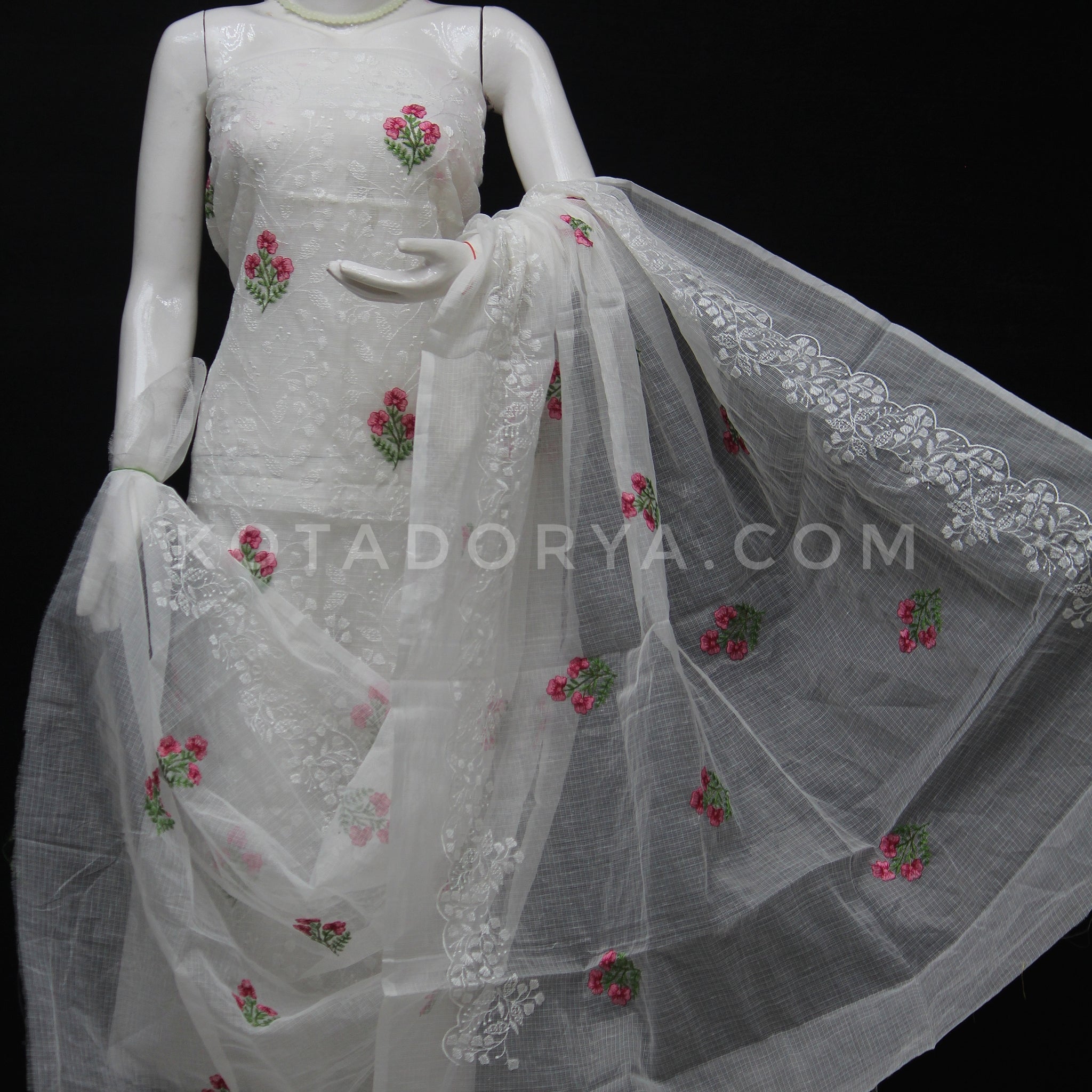 White Kota Doria Cotton Embroidery Work Dress Material With Bottom