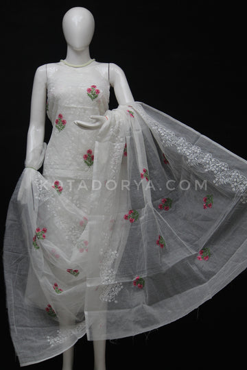 White Kota Doria Cotton Embroidery Work Dress Material With Bottom