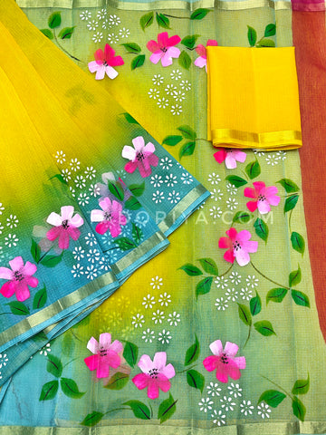 Yellow Cotton Kota Doria Hand Painted Saree With Sea-green Border & Contrast Blouse Piece.
