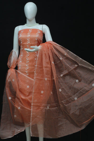Orange Kota Doria Cotton Embroidery Work Dress Material With Bottom