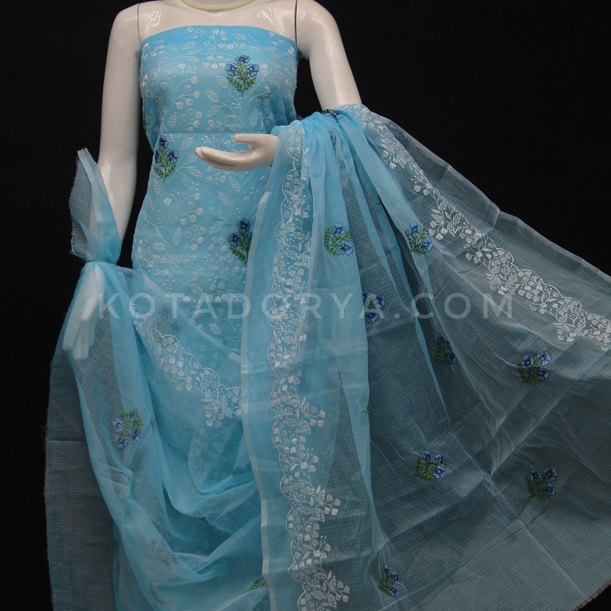 Skyblue Kota Doria Cotton Embroidery Work Dress Material With Bottom