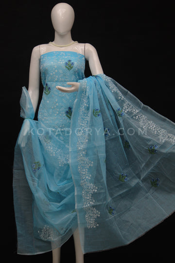 Skyblue Kota Doria Cotton Embroidery Work Dress Material With Bottom