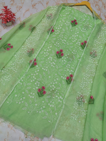 Green Kota Doria Cotton Embroidery Work Dress Material With Bottom