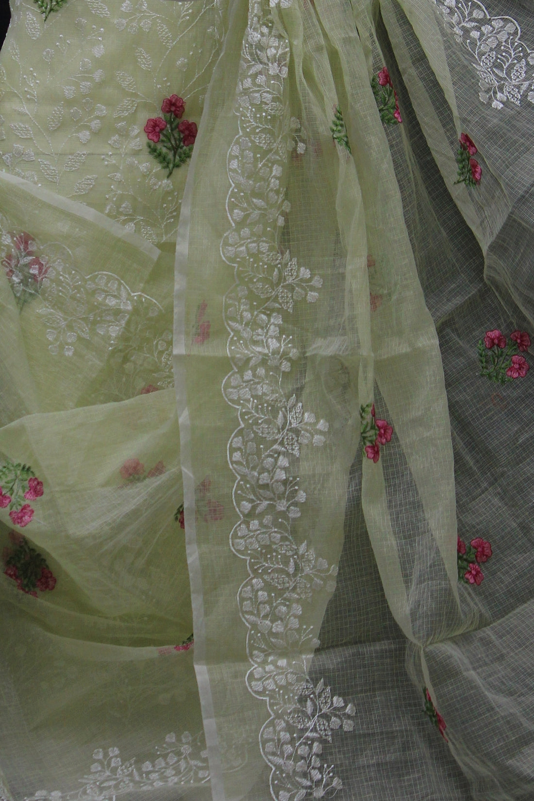 Pista Green Kota Doria Cotton Embroidery Work Dress Material With Bottom