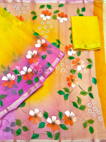 Yellow Cotton Kota Doria Hand Painted Saree With Pink Border & Contrast Blouse Piece.