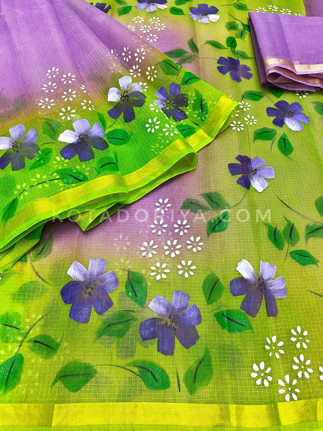Purple Cotton Kota Doria Hand Painted Saree With Green Border  & Contrast Blouse Piece.