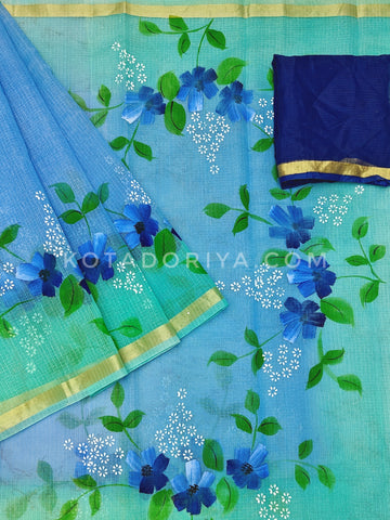 SkyBlue Cotton Kota Doria Hand Painted Saree With Contrast Blouse