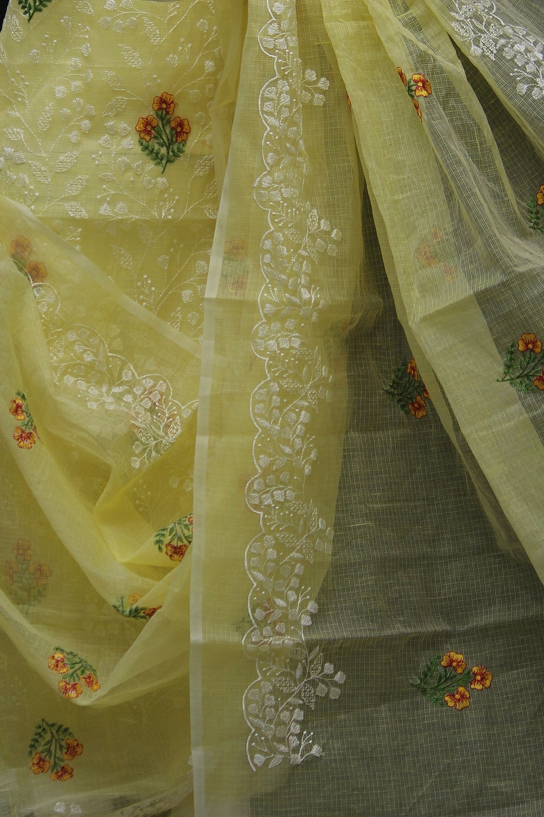 Yellow Kota Doria Cotton Embroidery Work Dress Material With Bottom