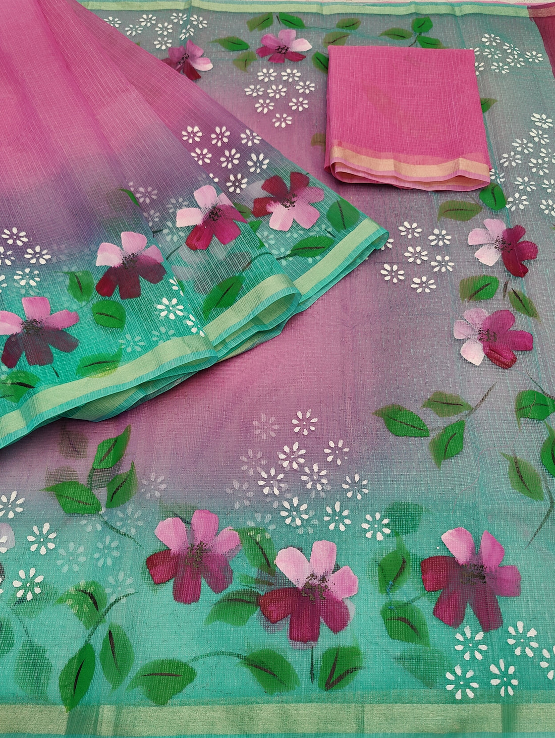 Pink Cotton Kota Doria Hand Painted Saree With Sea-green Border & Contrast Blouse Piece.