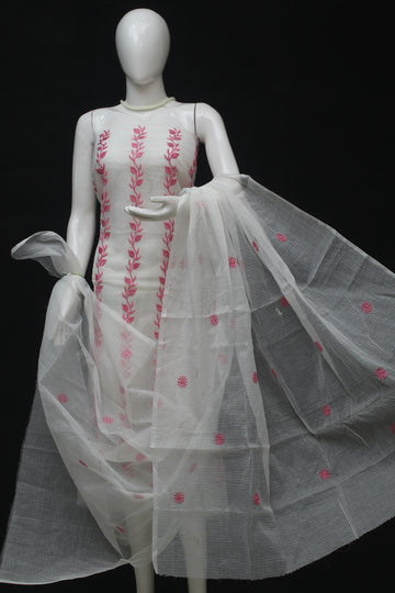 White Kota Doria Cotton Embroidery Work Dress Material With Bottom