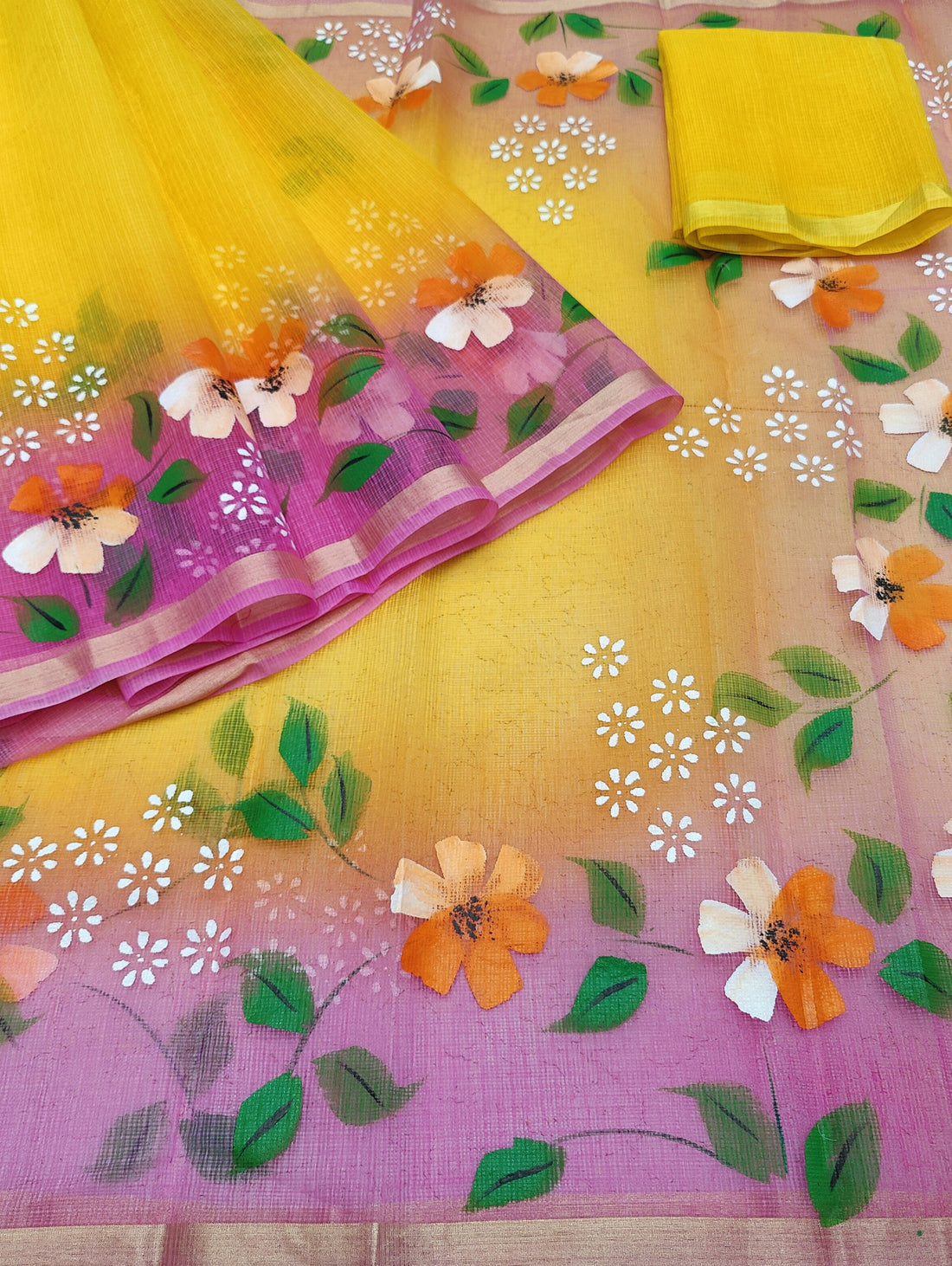 Yellow Cotton Kota Doria Hand Painted Saree With Pink Border & Contrast Blouse Piece.