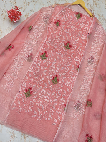 Peach Kota Doria Cotton Embroidery Work Dress Material With Bottom