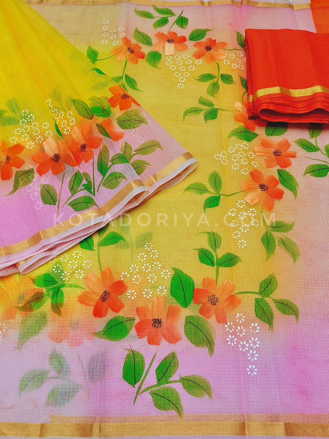 Yellow Cotton Kota Doria Hand Painted Saree With Contrast Blouse
