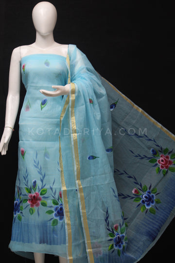 Sky-Blue Kota Doria Cotton Hand Pented Dress Material With Bottom.