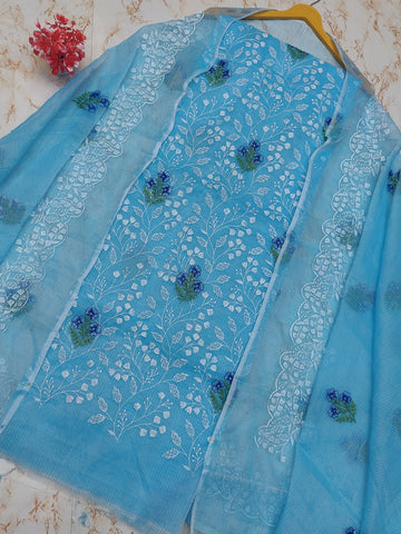 Skyblue Kota Doria Cotton Embroidery Work Dress Material With Bottom
