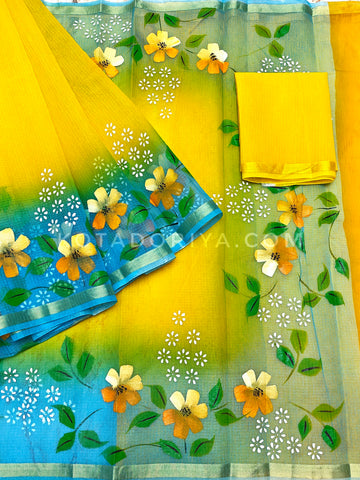 Yellow Cotton Kota Doria Hand Painted Saree With Sky-blue Border & Contrast Blouse Piece.